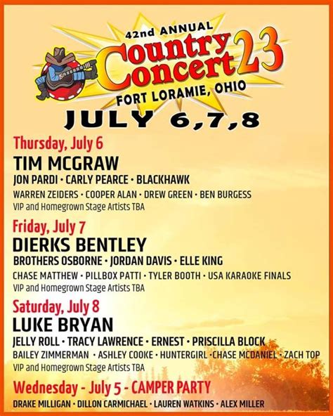 Country concert 2024 - The Taste of Country 2024 Lineup. We have another exciting lineup this year starring the reigning CMA and ACM vocal group of the year: OLD DOMINION. With special guests Grand Ole Opry member JON PARDI, singer-songwriter CHRIS JANSON, and American Idol winner CHAYCE BECKHAM. …